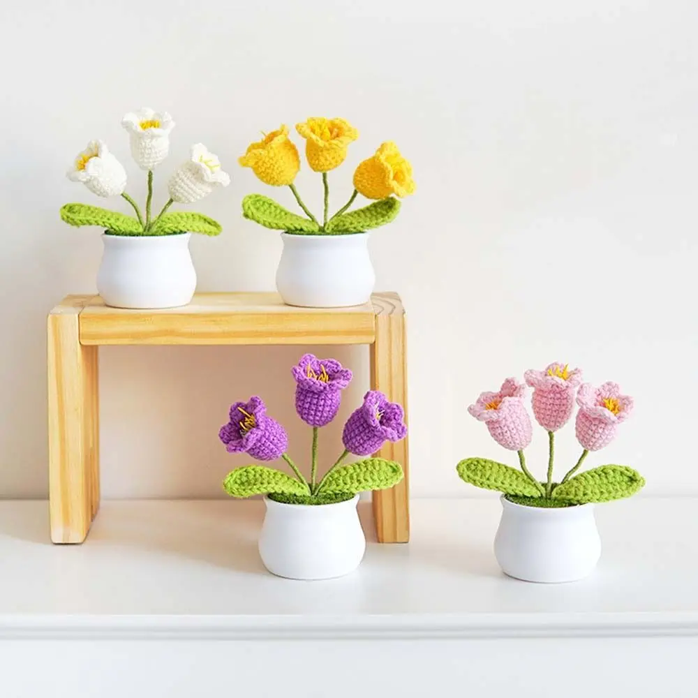 1 PCS Elegant Bell Orchid Handmade Flowers Beautiful Orchid Flower Crochet Flowers Pots Cute DIY Plant Potted