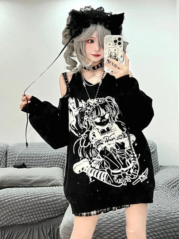 Japanese Slash Neck Knitted Gothic Grunge Pullover Loose Off Shoulder Cartoon Jacquard Sweaters Streetwear Y2k Women Pull Femme