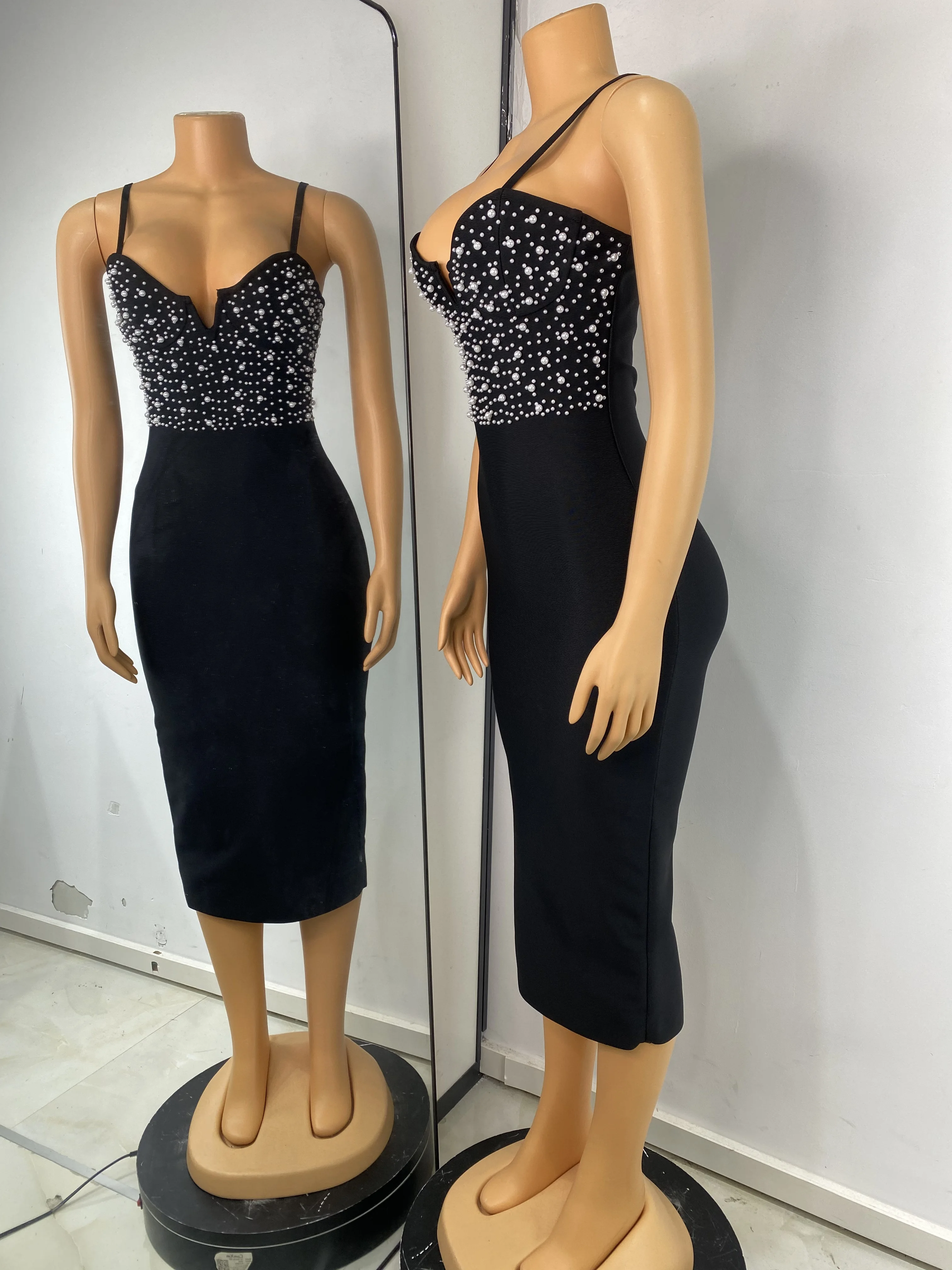 Vestido Bandage negro de verano para mujer, vestido largo con tirantes finos y cuello en V con perlas y pedrería, vestidos de fiesta para discoteca de noche de calle alta