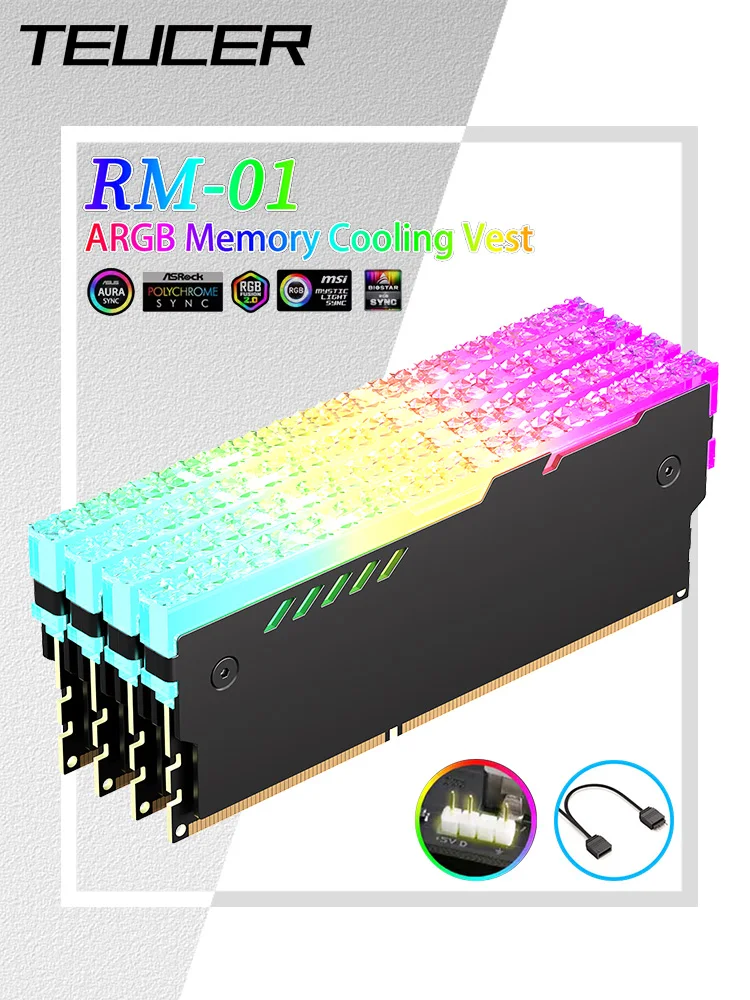 Teucer 5V 3Pin ARGB RAM Kühlkörper Aura Sync DDR4 DDR3 Speicher Kühlkörper mit thermischem Silikonpad für Desktop-Computer PC-Speicher