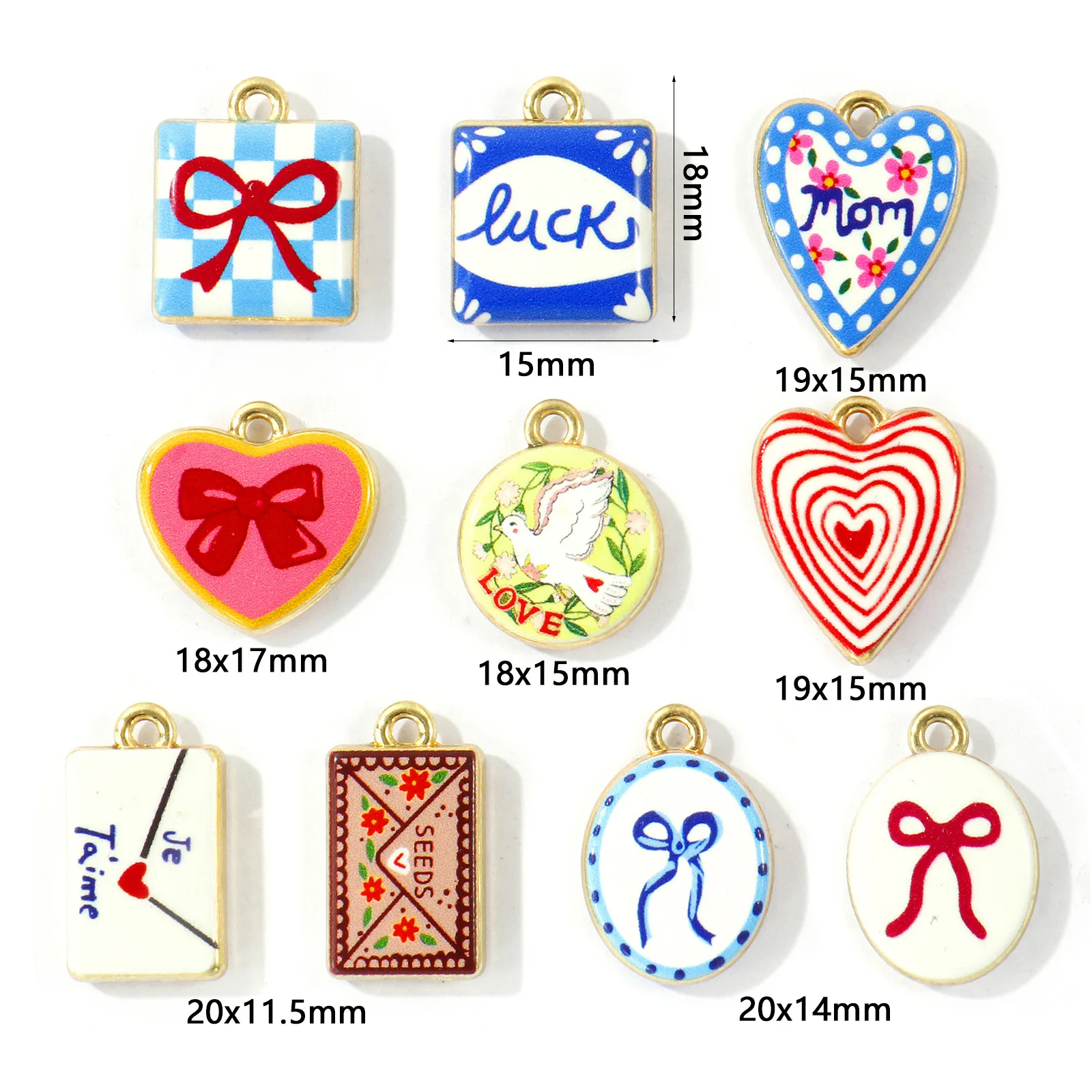 5 Stück Zinklegierungs-Anhänger, vergoldet, beidseitig bedruckt, Herz-Schleife, „Je T'aime“, „Glück“, „Mama“, Anhänger für DIY-Halsketten, Großhandel – Detail 1