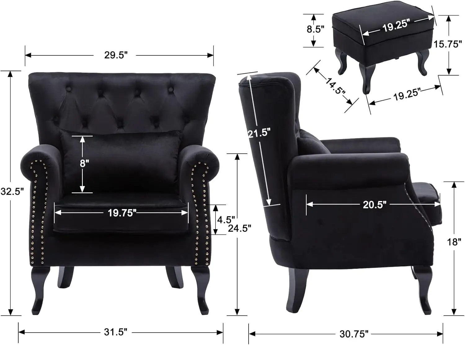 Velvet Club Chair Tufted Throne Chair Mid Century Accent Wingback Chair with Ottoman Padded Seating Wood Legs Black