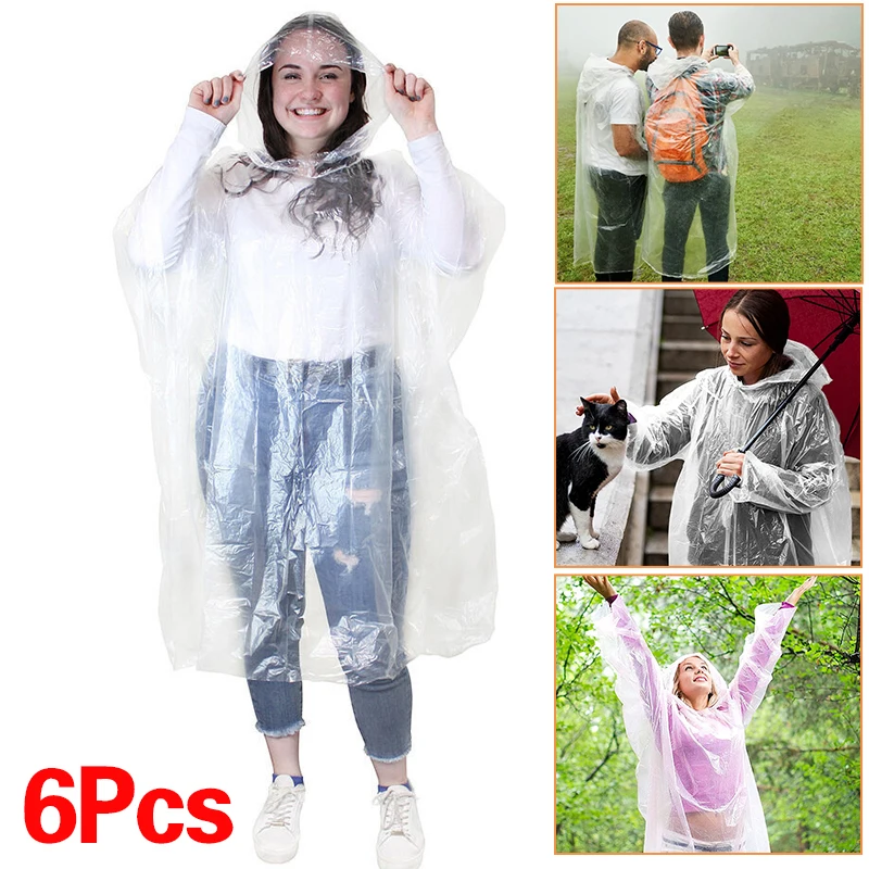 6Pcs Disposable Waterproof Raincoat Outdoor Hiking Mountain Travel  Emergency Transparent Portable Adult Poncho Rain