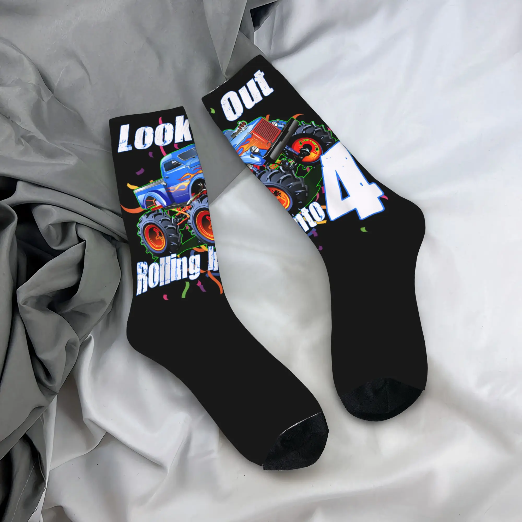 

Kids 4 Year Old 4th Birthday Boy Monster Truck Car Socks Casual Stockings Non-Slip Men Socks Breathable Printed Outdoor Socks