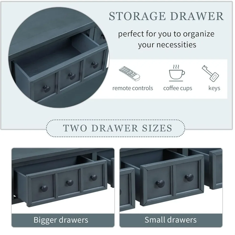 Rustic 60 Farmhouse Console Table with 4 Drawers, Open Storage Shelves, Vintage Metal Handles, and Narrow Design for Entryway