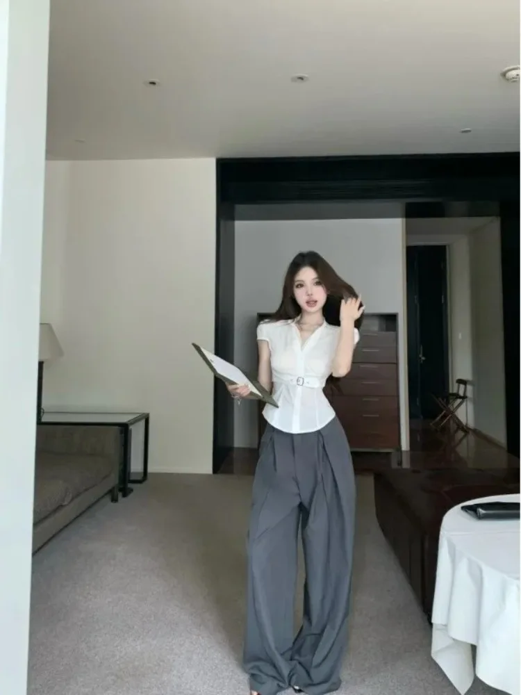 

Lace Patchwork Short Sleeved Striped Shirt Slim Fit Waist Cinching Casual V-neck Button Blouses Faionable Top Casual Wear