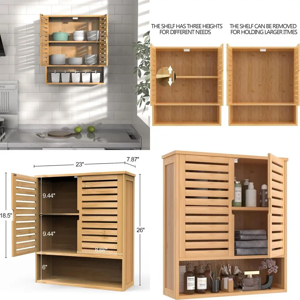 

Over Toilet Wall-Mounted Bamboo Cabinet with 2 Doors for Bathroom Storage