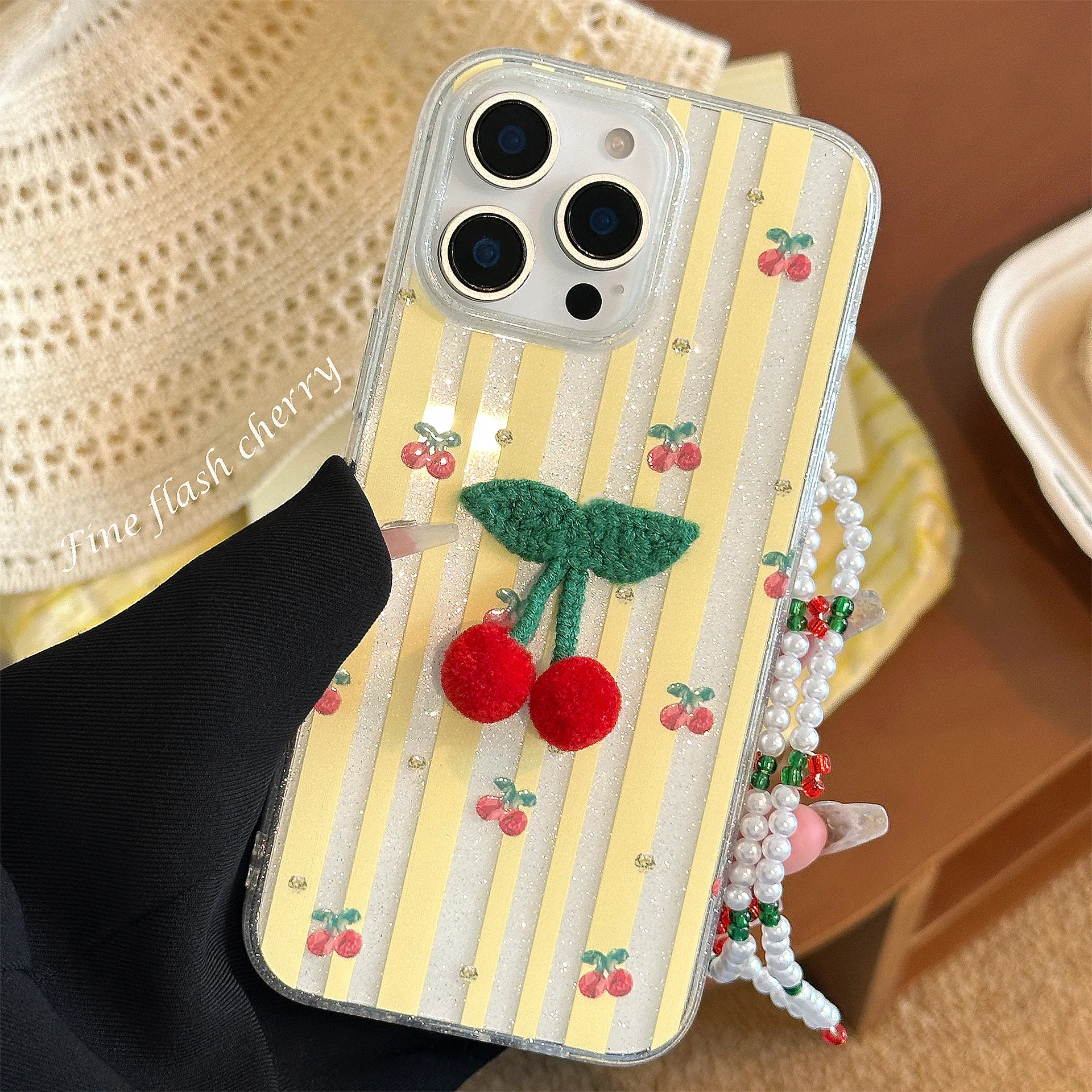 Korean Striped Glitter 3D Cherry Soft Phone Case With Lanyard For iPhone 16 15 14 12 13 11 Pro Max Shockproof Protective Cover