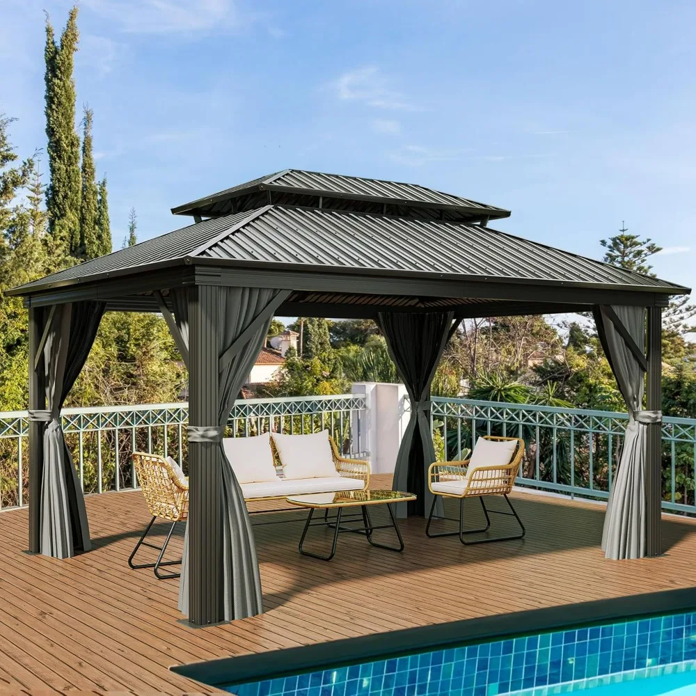 12x16 ft Hard Top Gazebo with Netting and Curtains, Heavy Duty Double Roof Galvanized Steel Outdoor Vertical Striped Roof Combo