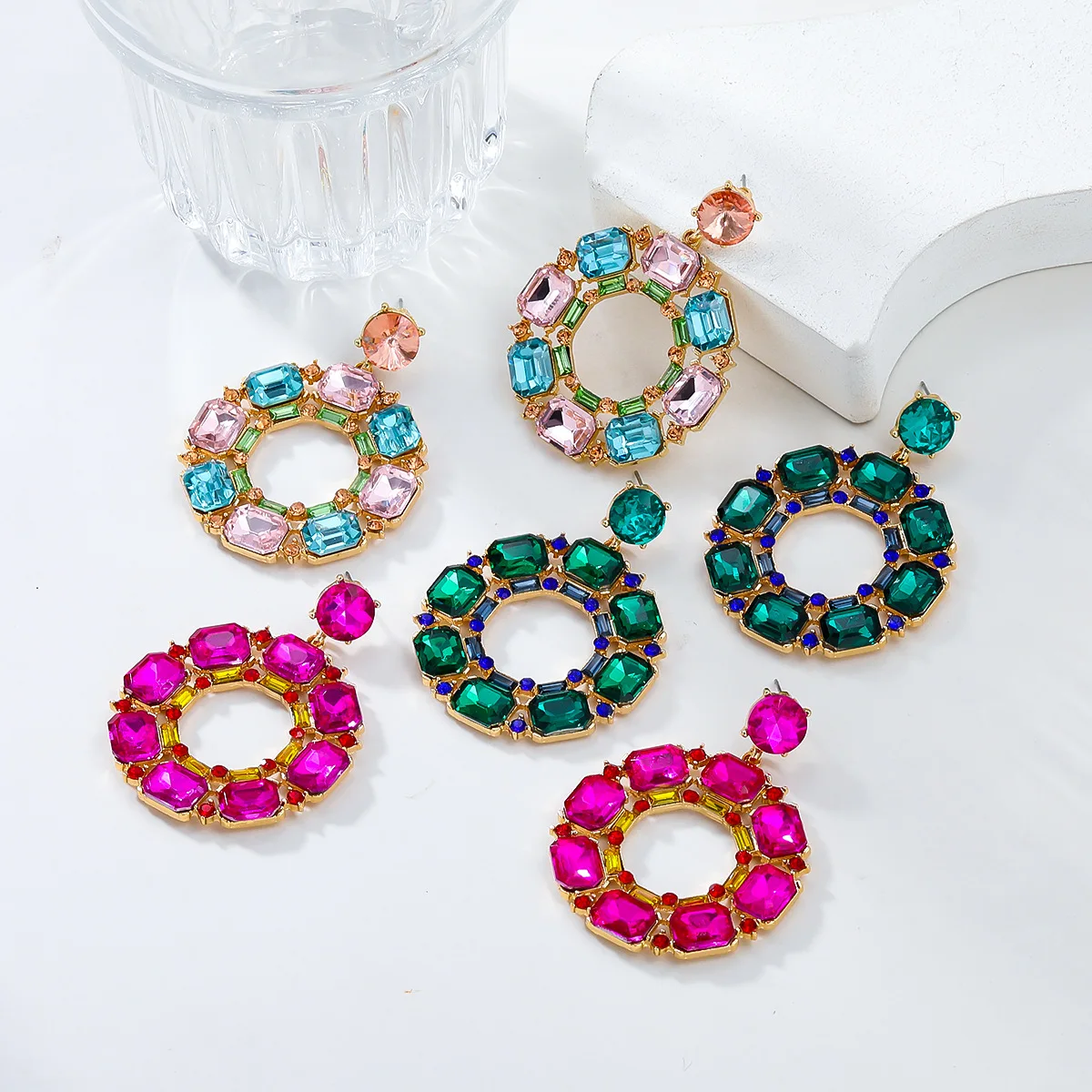 Round Dangle Drop Fuchsia Green Crystals Earring for Women Luxury Wedding Fuchsia Jewelry