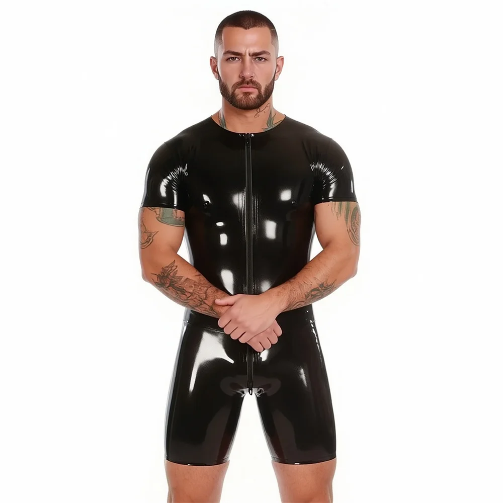 

Black Latex Short Sleeve Bodysuit for Men Front Zipper Handmade Sexy Rubber Jumpsuits wear Customized