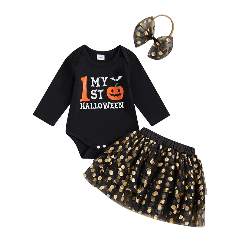 Halloween Baby Clothes My 1st Halloween Print Newborn Long Sleeve Romper Dot Print Mesh Skirt Toddler Girl Outfit