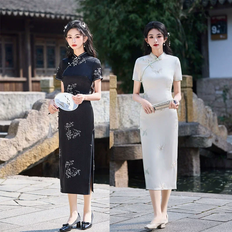 

Vintage Print Flower Sheath Qipao Elegant Fashion Improved Cheongsam Dress Large Size 3XL Traditional Chinese Dress Party Gown
