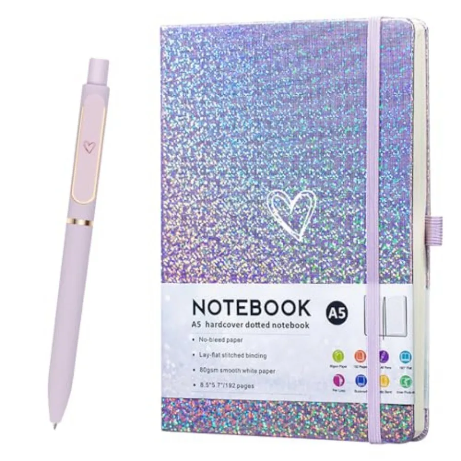 

Bling A5 Notebook with Pen Lined Journal Notebook A5 Notepad for Girls Women Cute Heart Pattern Design Glitter Laser Diary Coll