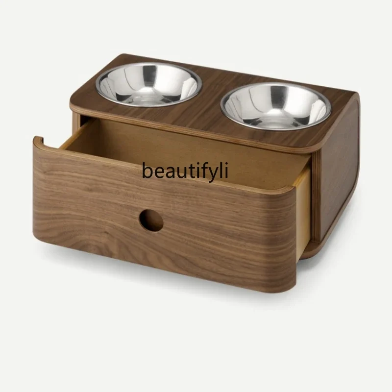 

Designer Brand Stainless Steel Cat Bowl Dog Bowl Multi-Layer Solid Wood Cat Food Holder Double Bowl