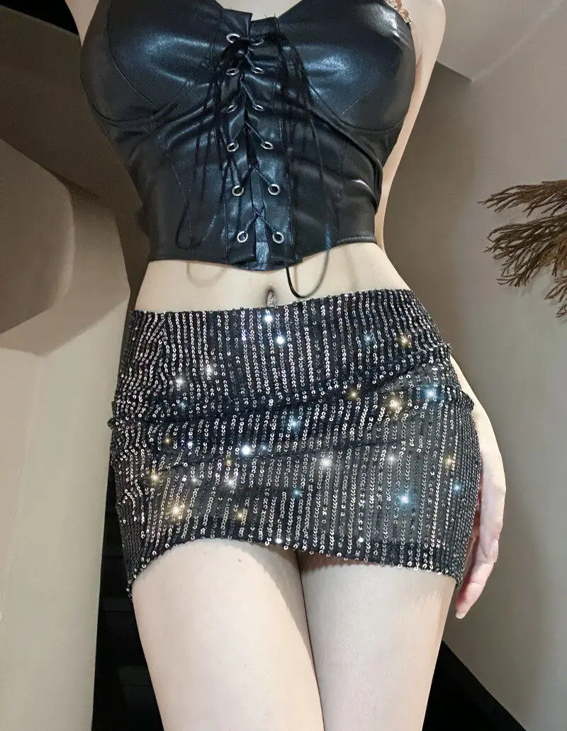 Hot Girl Nightclub Sparkling sequin Wrapped Hip Skirt Perspective High Waist Half Skirts