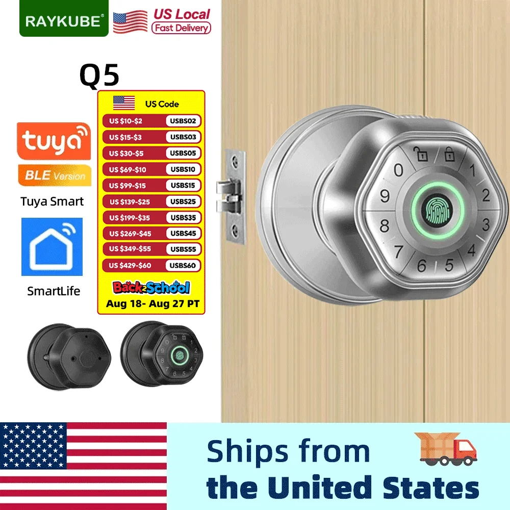 RAYKUBE Q5 USA. Free Delivery Tuya BLE Smart Fingerprint Door Lock Electronic Lock Round Knob with Password/Key/Tuya APP Unlock