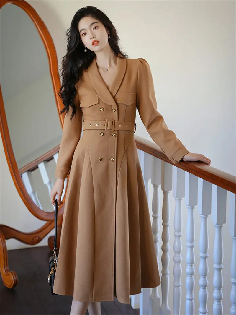 Autumn And Winter Windbreaker Dress Jacket French Vintage Lace Up Waist High End Women's Long Blazer Dress Female Robes T1383