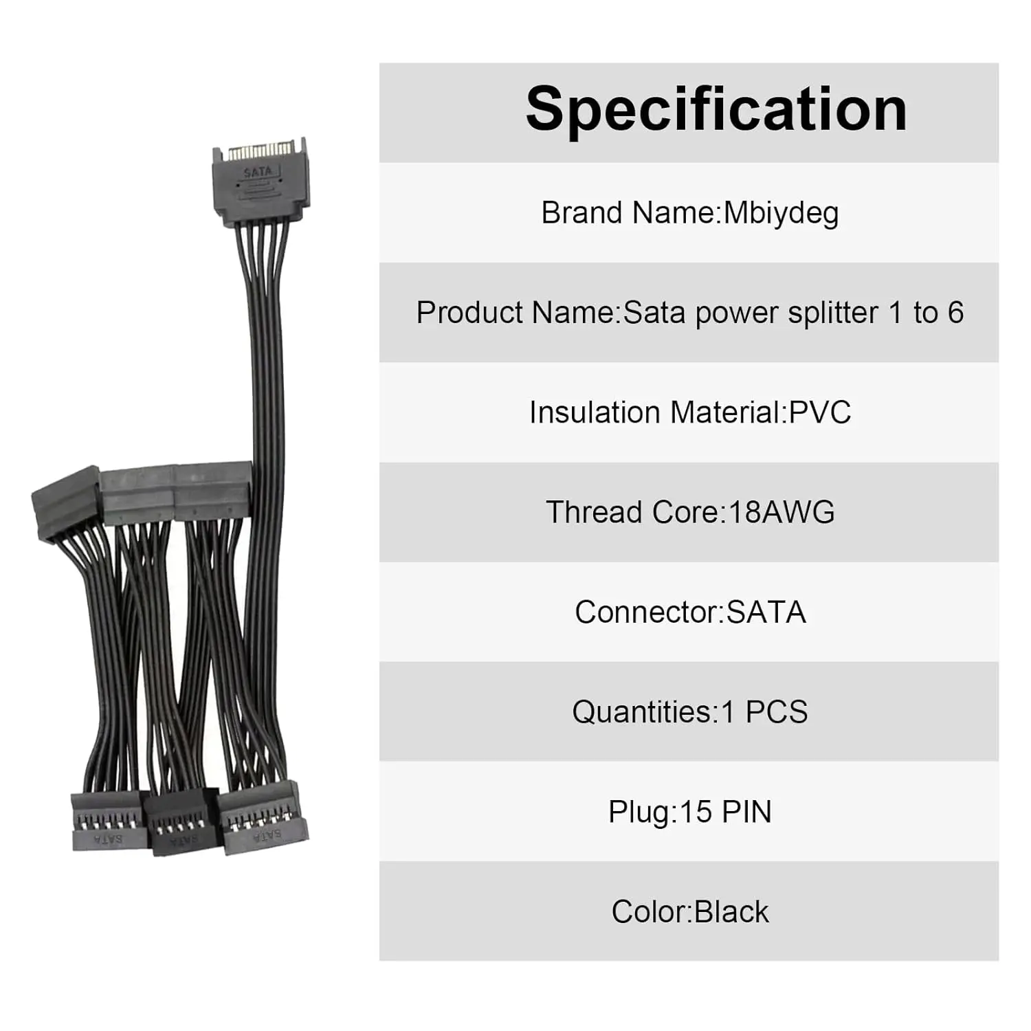 Sata Power Splitter Cable,6 Way,15 Pin SATA Cable 1 to 3/4/5/6 for HDD, SSD, Optical Drives, Power Connector for Extension Cable