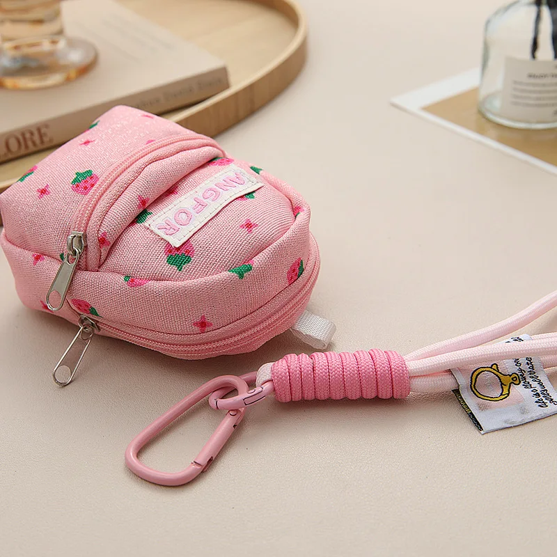 Pink Strawberry Printed Mini Coin Purse Backpack Pendant Anti Loss Key Chain Wallet Portable Multifunctional Earphone Bag