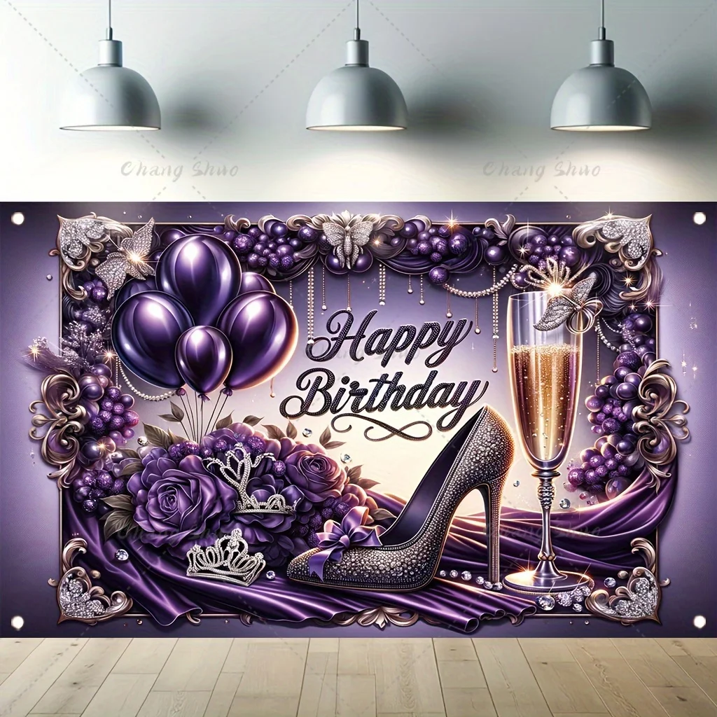 

Laeacco Glitter Purple Black Happy Birthday Backdrop Ring Dimonds Glitter Balloons Women Girls Portrait Photography Background