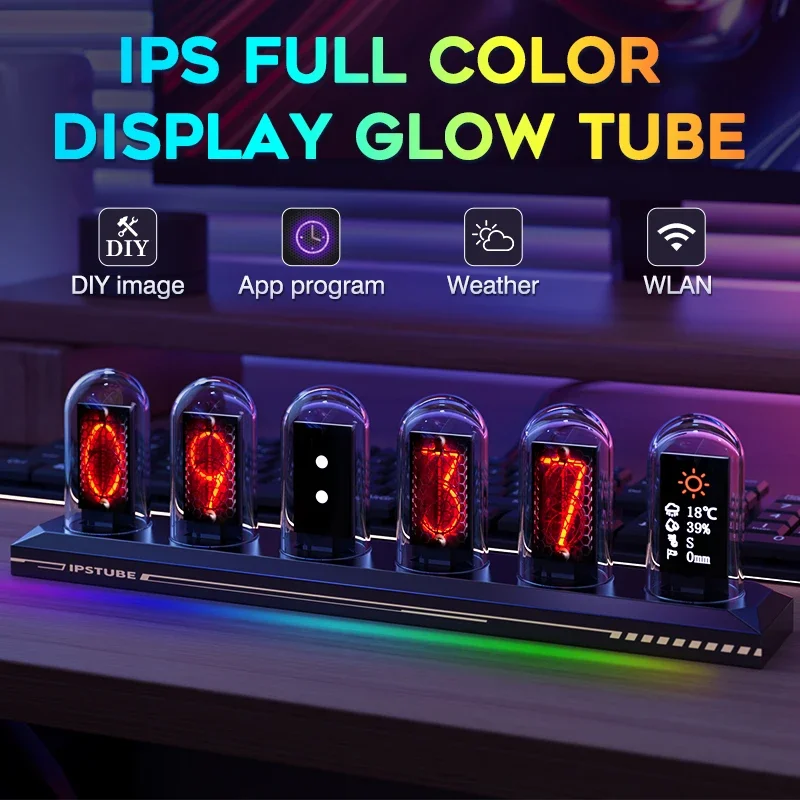 

RGB Glow Nixie Tube Clock IPS Color Screen DIY Analog Digital Tube LED Desktop Clock Night Lights Home Gaming Decoration Gift