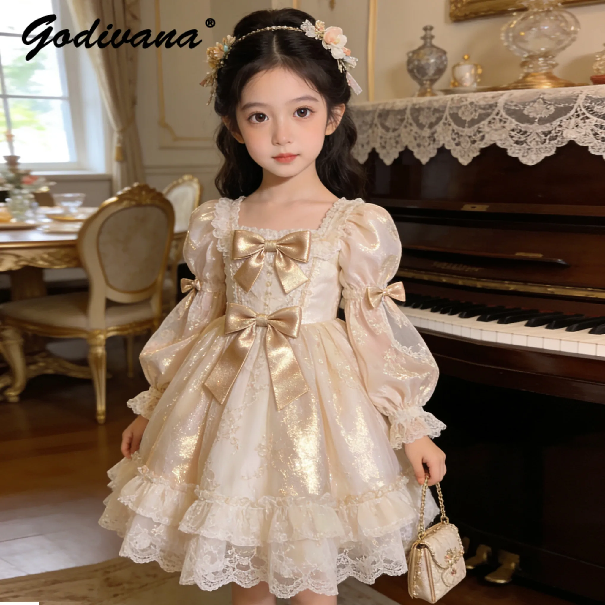 

Оригинальное платье принцессы Лолиты для девочек, детское платье с длинными рукавами, кружевным бантом, милым квадратным вырезом, элегантное бальное платье для свадьбы, дня рождения, вечеринки