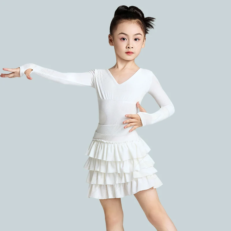 الأبيض اللاتينية ملابس الرقص الأطفال أداء الرقص دعوى طويلة الأكمام يوتار كعكة تنورة طفل تشا تشا رومبا ممارسة مجموعة VDL4695