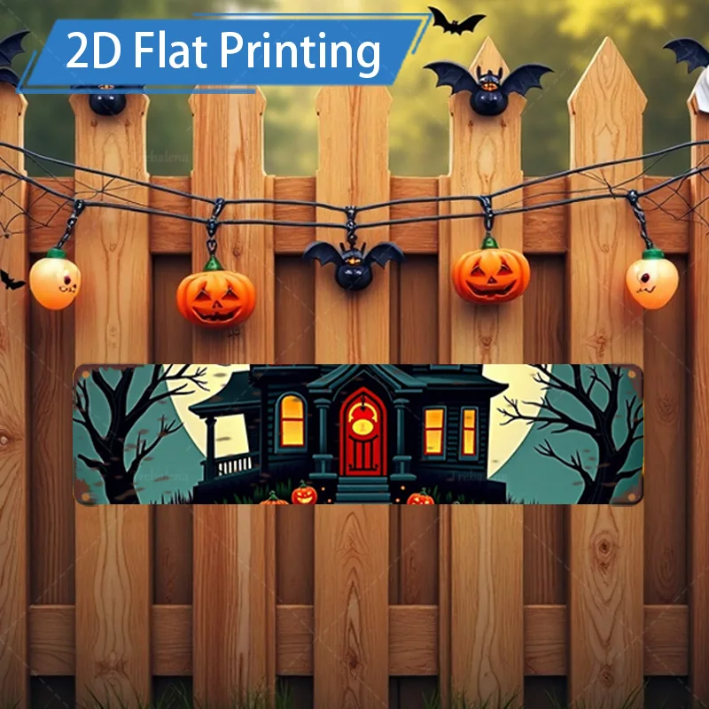 1pc 4x16inch Metal Sign Halloween House Metal Wall Art, 2D Flat Print Decor for Outdoor Garden & Home