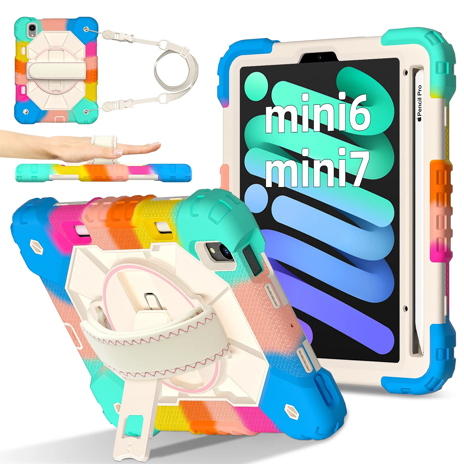 For iPad mini 7 A17 Pro 2024 Mini 6 2021 8.3 Kickstand Case Universal 360 Rotating Heavy Duty Cover Anti-Slip Shoulder Strap
