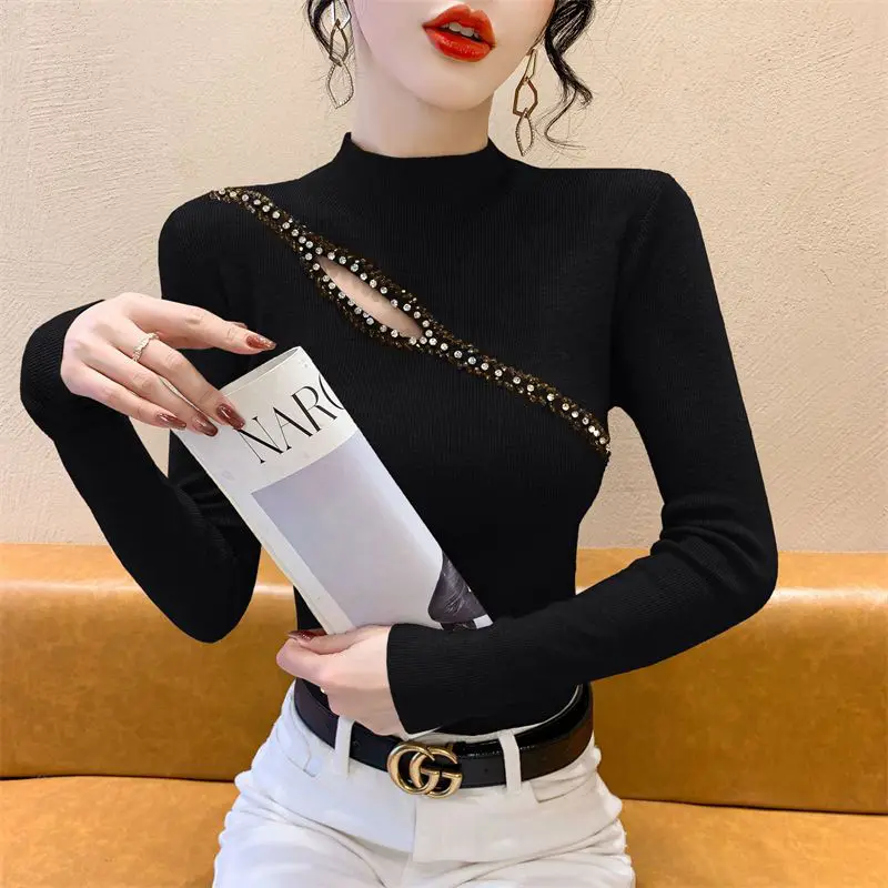 المرأة الكورية موضة مثير الجوف حجر الراين الأساسية محبوك سترة الإناث أنيقة نصف عالية طوق كم طويل سليم البلوز XQ80 #3