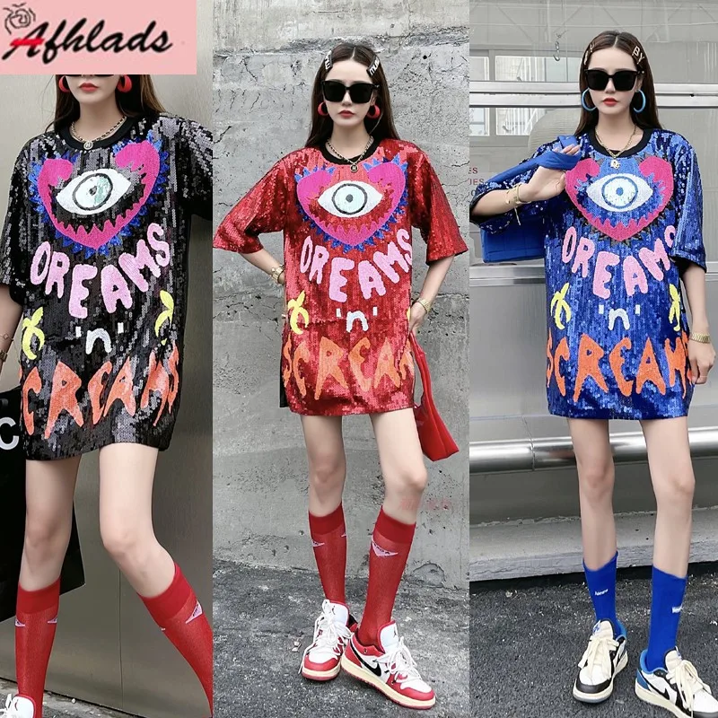 

Summer New Sequins Female Graffiti Letter Hip Hop Streetwear T-Shirt Short Sleeve Round Neck Nightclub Loose Women's Tops