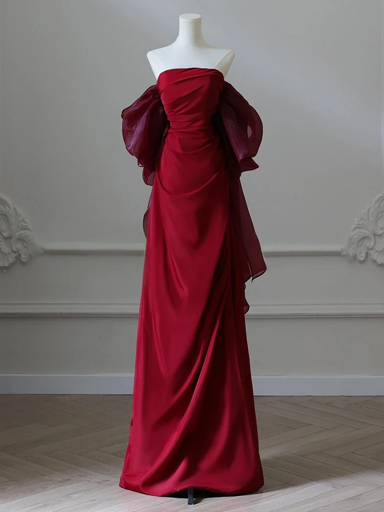 

Red Satin One oulder Morning Robe Wedding Dr Faionable Bridesmaid Outfit Small Size Ele Exit Scene Gown