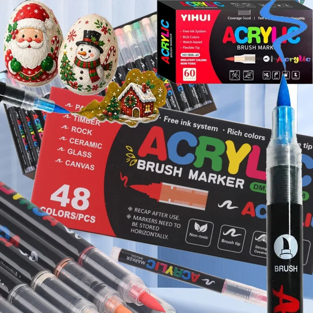 Colorful Soft Brush Acrylic Markers Waterproof Paint Pens for Rock Wood Easter Eggs DIY Crafts Non-Toxic Quick Dry Painting Tool