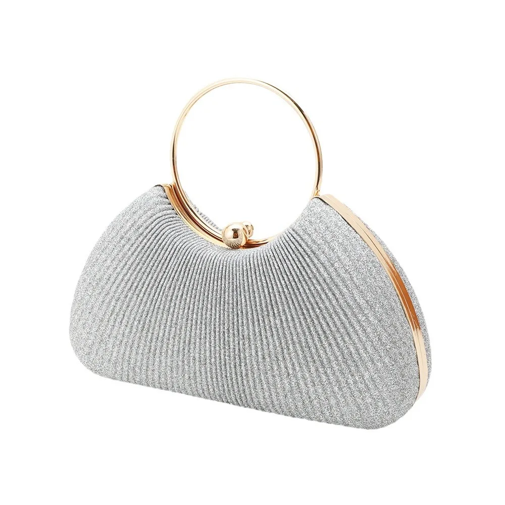 

Wrinkled Silver Metal Ring Clutch - Portable Chain-Strap Evening Bag For Banquet Dresses Niche Design Diamond-Studded Mini Bag