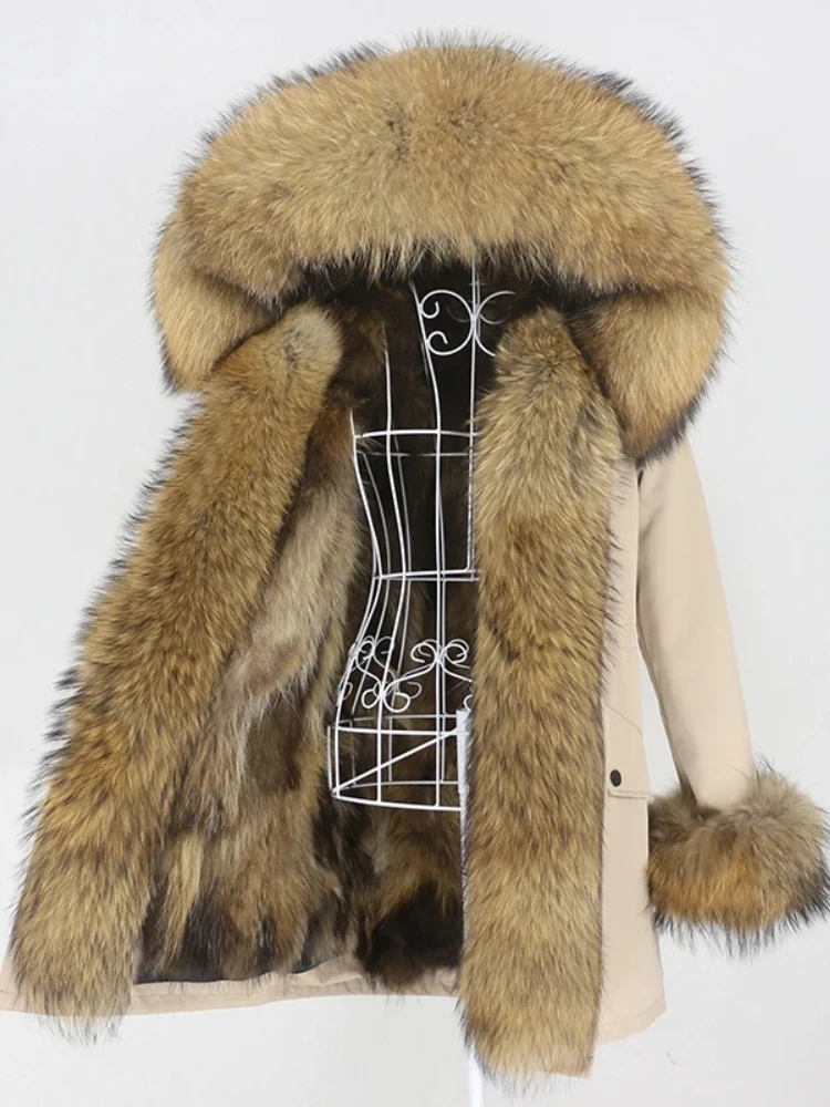 OFTBUY Giacca di pelliccia Donna Collo di pelliccia di procione naturale Parka lungo Caldo nuovo cappotto invernale Cappuccio Parka spesso Cappotto di pelliccia di volpe reale da donna