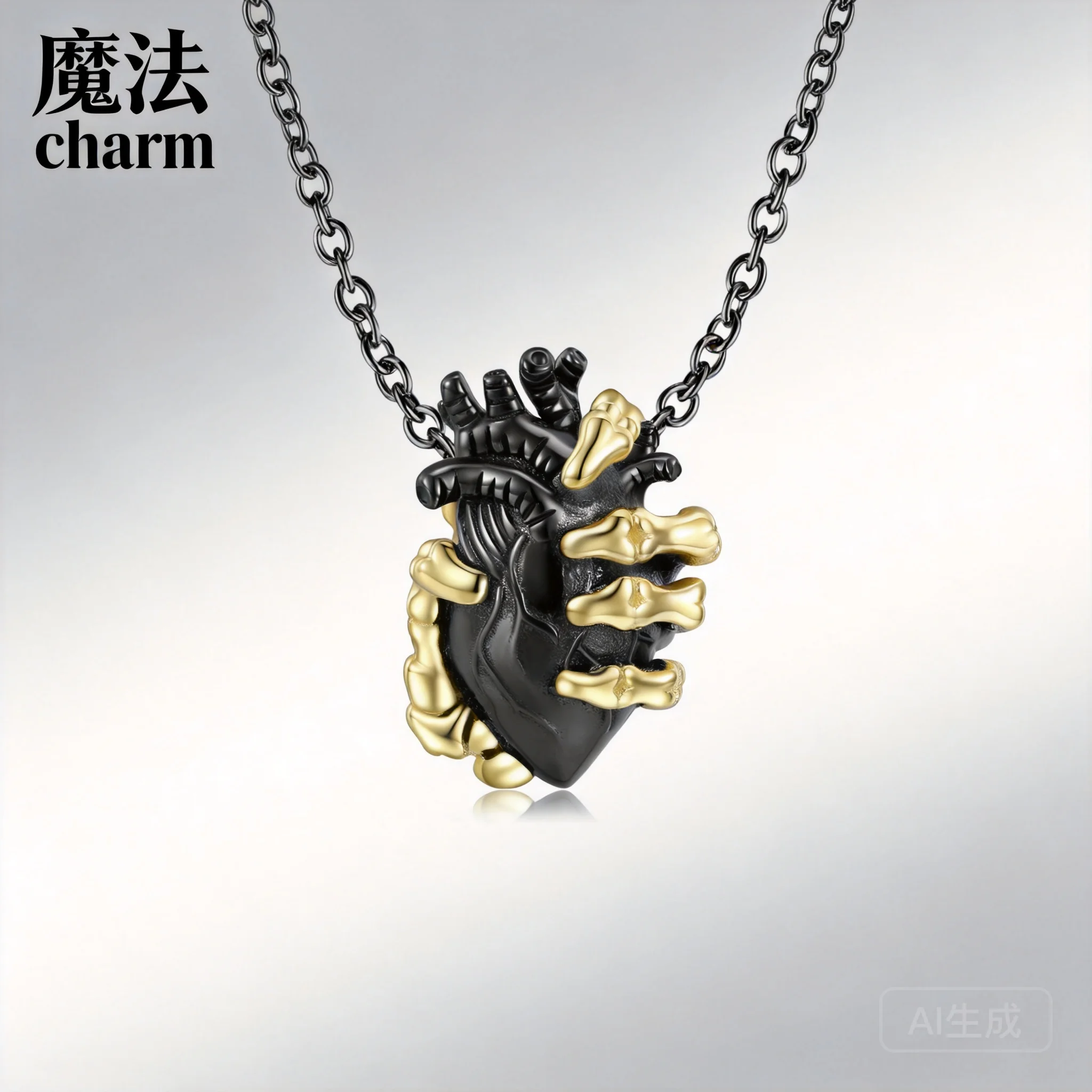 collier-pendentif-main-et-cœur-anatomique-gothique-noir-et-or-en-argent-sterling-s925-plaque-or-14-carats-style-punk-sombre-cool-clav