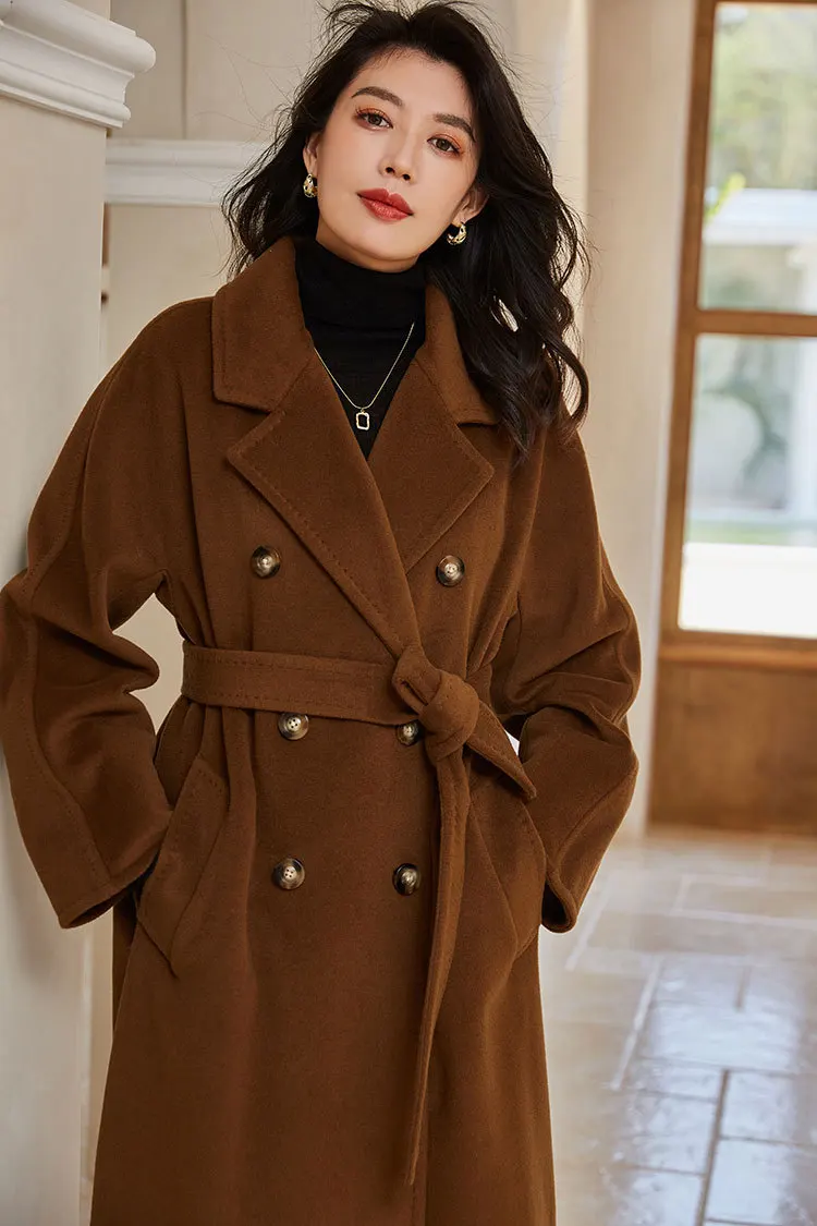 Cappotto invernale in cashmere Donna Beige Cappotto di lana allentato di media lunghezza Donna 2024 Autunno Camel Lace-up Doppiopetto Stile classico