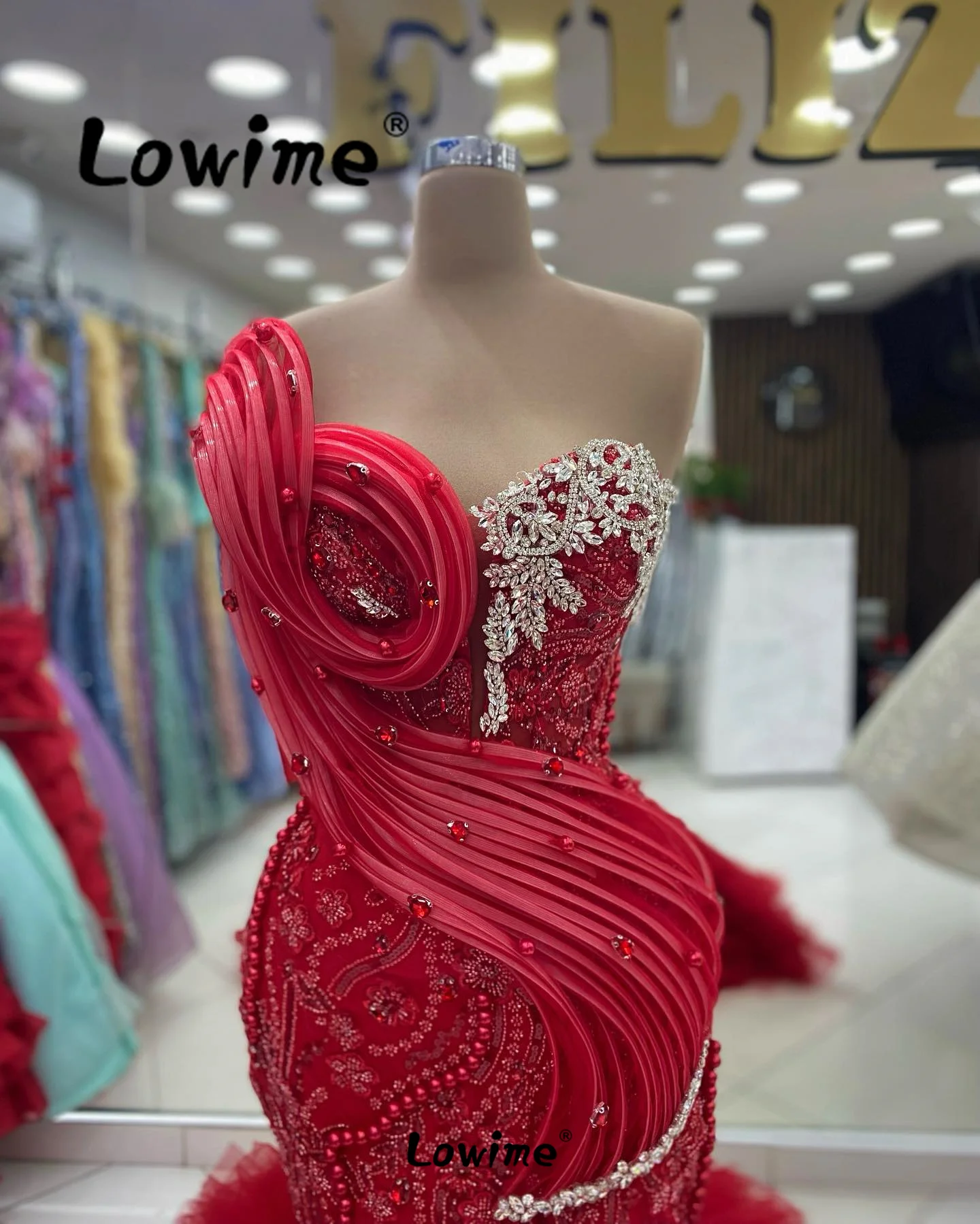 Abendkleider Aso Ebi Crystal Mermaid Prom Dresses Long Red Evening Gowns 2024 Arabic Wedding Party Second Reception Dresses Robe