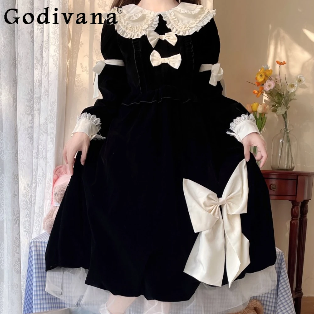 Japanese Girl Cute Lolita Dress Bow Doll Collar Velvet Long-sleeved Dress Children Autumn and Winter