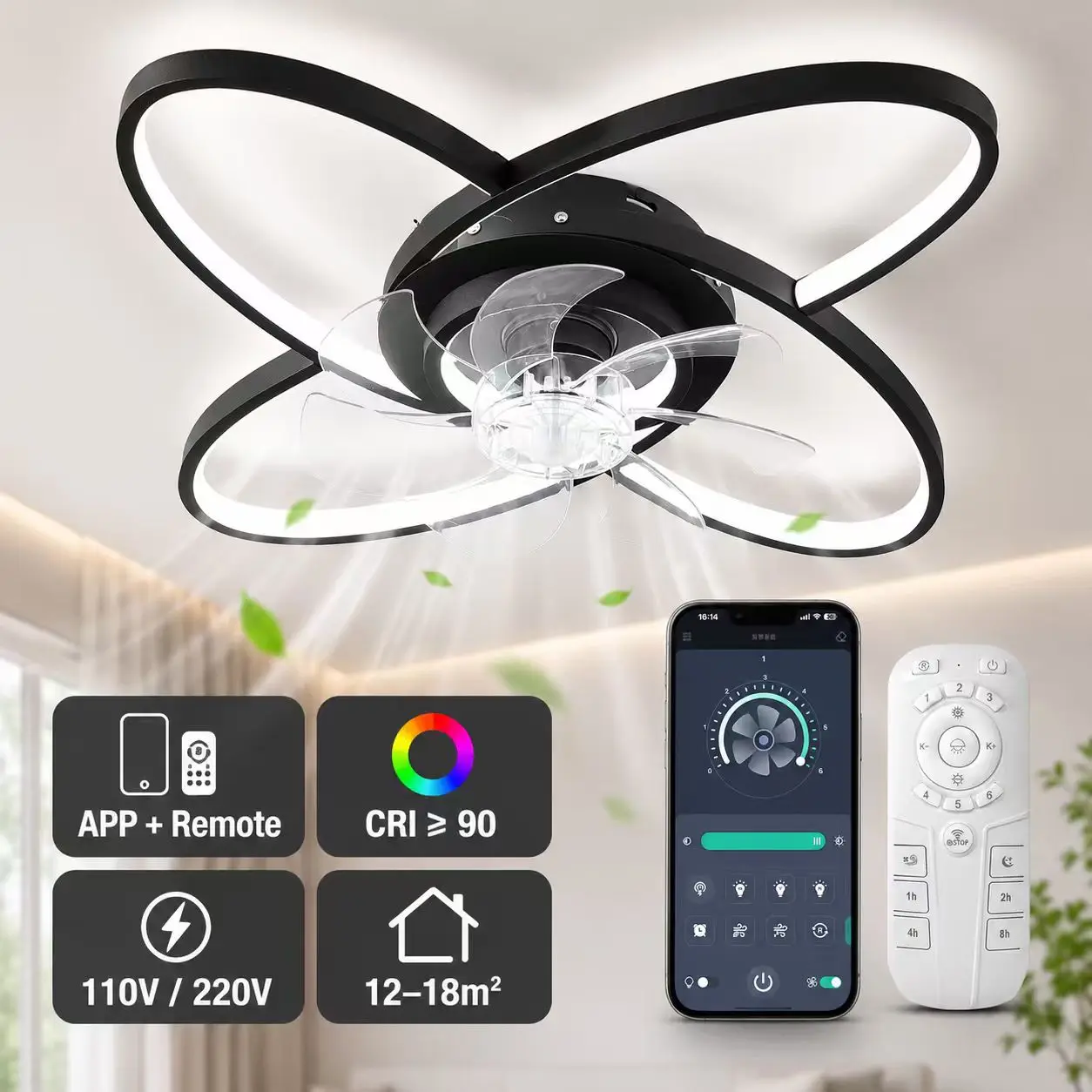 LED Ceiling Fan With Light Remote Control 110-220V 3 Color Dimmable Aluminum Ceiling Lamp