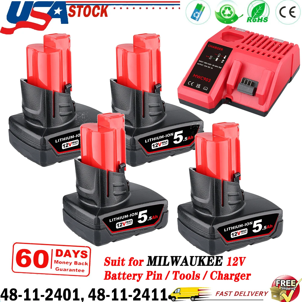 

1/2/4Pcs 5.5Ah M12 Replace for Milwaukee 12V Battery Pin + M12 -18C Charger Combo,Suit for 48-11-2411 48-11-2460 48-11-2420