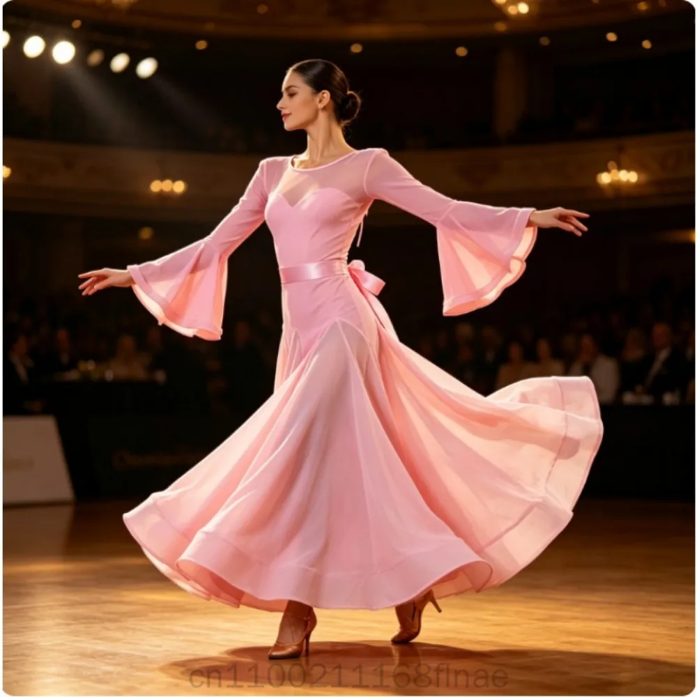 2026 New Women Latin Dance Skirt Modern Dance Art Exam Dress Waltz Social Dance Big Swing Skirt With Matching Belt For Performan