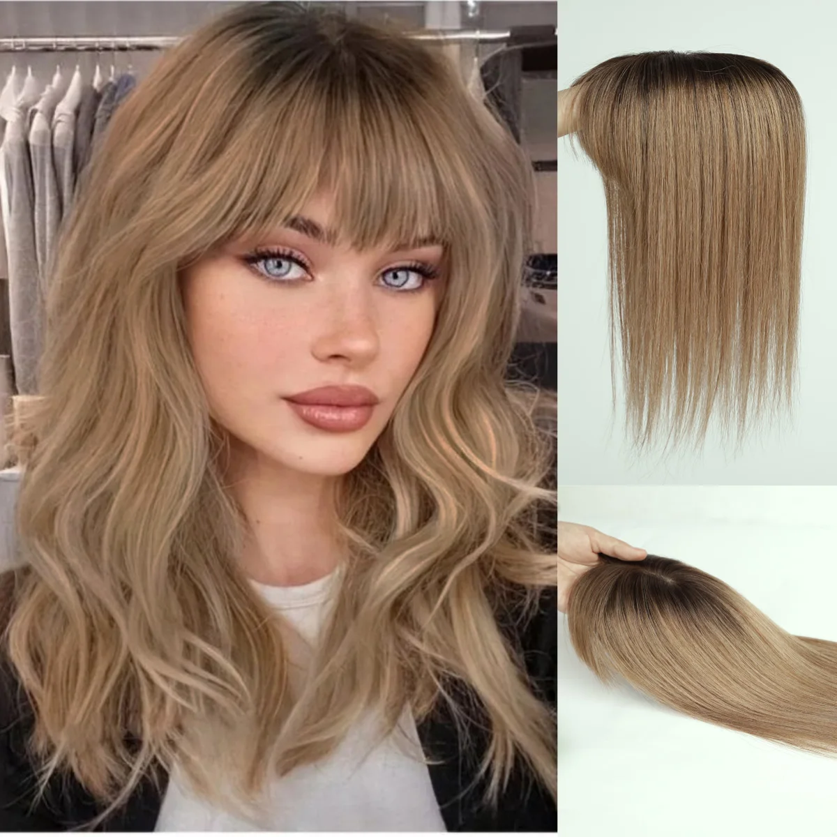 14 Inch Brown Ombre Straight Silk Base Human Hair Topper with Bangs 100% Remy Hairpiece for Women Thin Top Clip-In Extensions