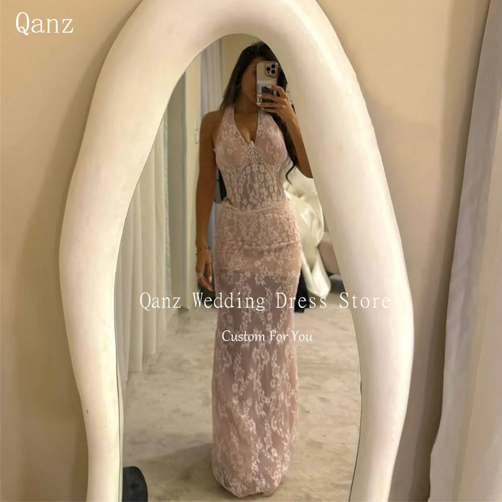 Qanz Luxury Lace Appliques Evening Dresses Sreapless Long A Line Women's Wedding Party Attire Backless Prom Dress Customized