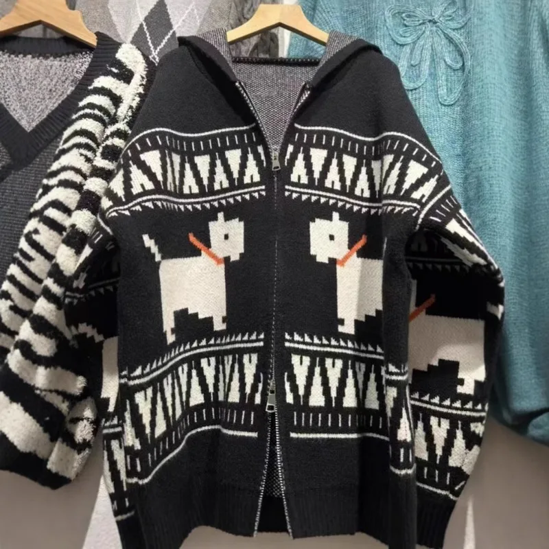 

YYAHAHAS American Fashion Knitted Cardigan Hooded Sweater Loose Retro Zipper Jacket for Women in Autumn and Winter