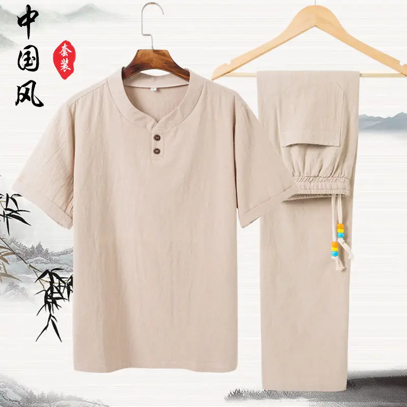 Linen Cotton T-shirt Men\'s Set Chinese Style Short Sleeve Sportswear +trousers 2 Piece Sets Summer Men Tracksuit Solid Suit