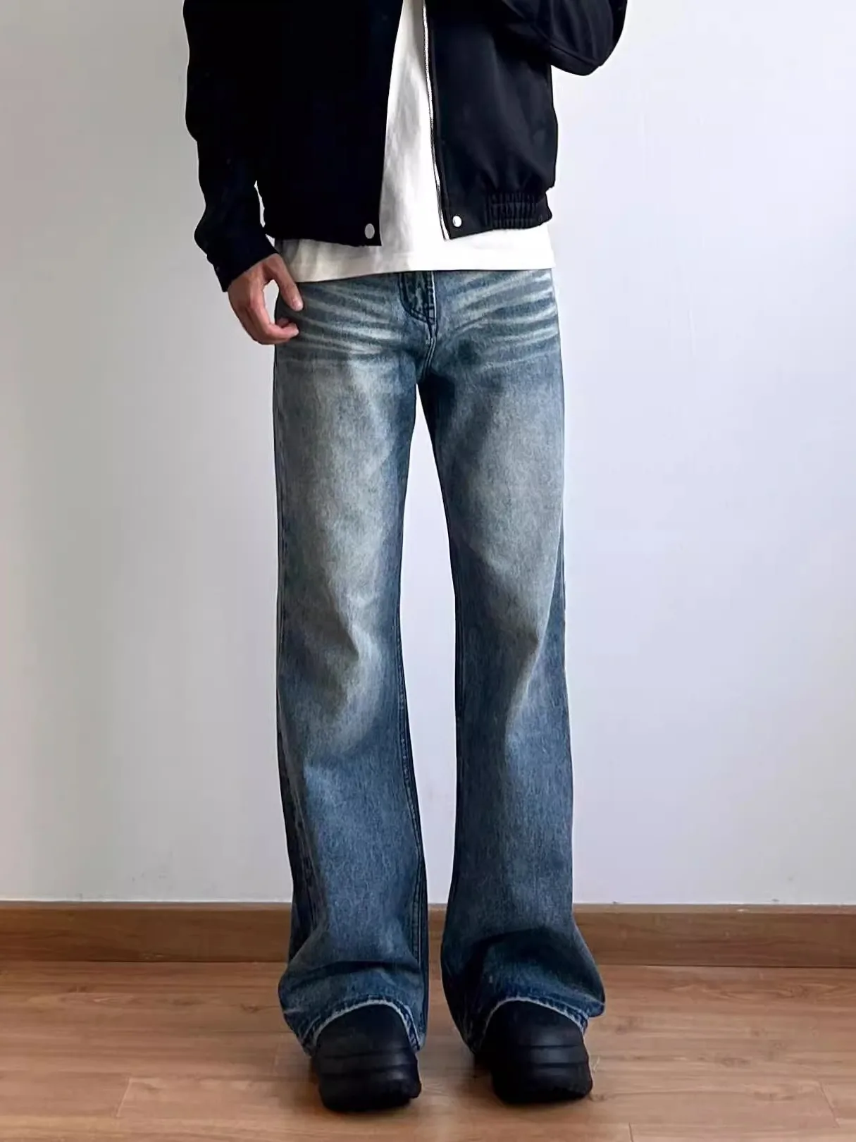 

Cleanfit American High Street Vintage Jeans Men Straight Leg Micro Flared Slimming Long Pants Washed Denim Jeans