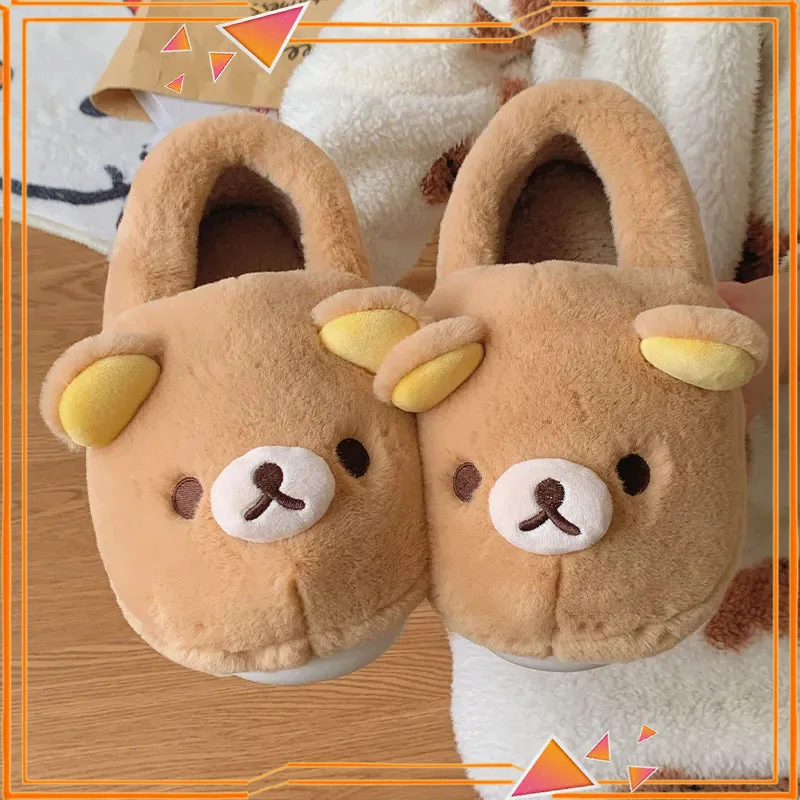 

Kawaii Cute Bear Rilakkumas Wearing Cotton Shoes Outside Flat Closed-Toe Mules Cartoon Cute Home Shoes Winter Couple'S Shoes
