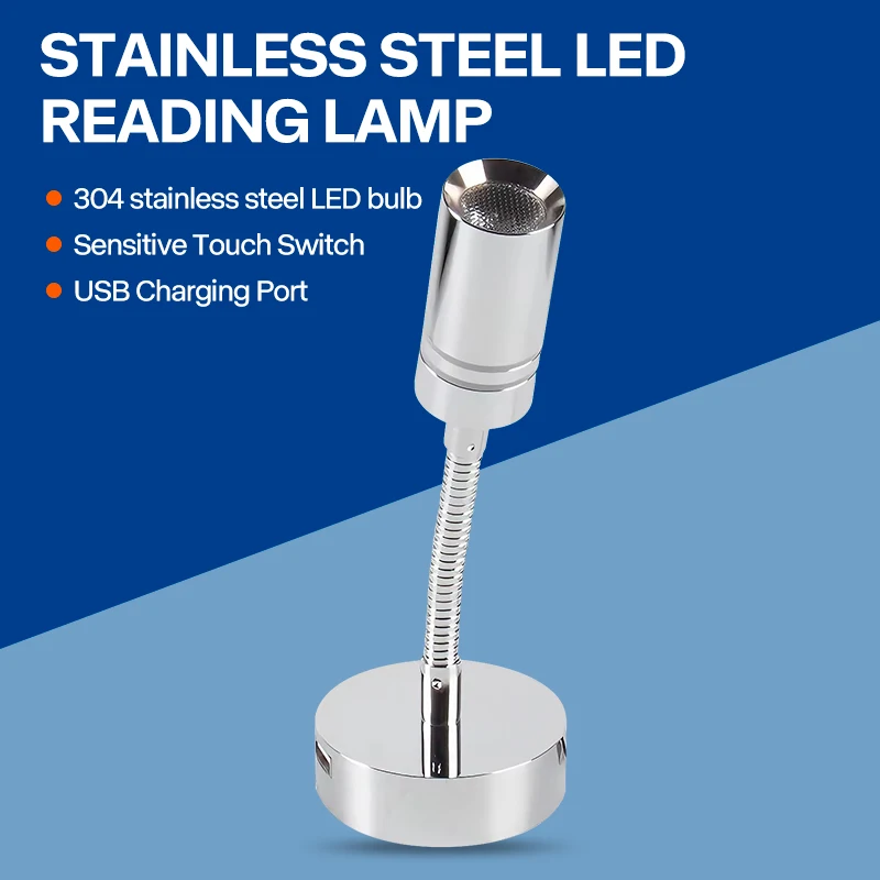

RV Reading Lamp LED Stainless Steel 12V 24V On-Board Nightstand Table Lamp Touch Switch USB Interface Wall Lamp